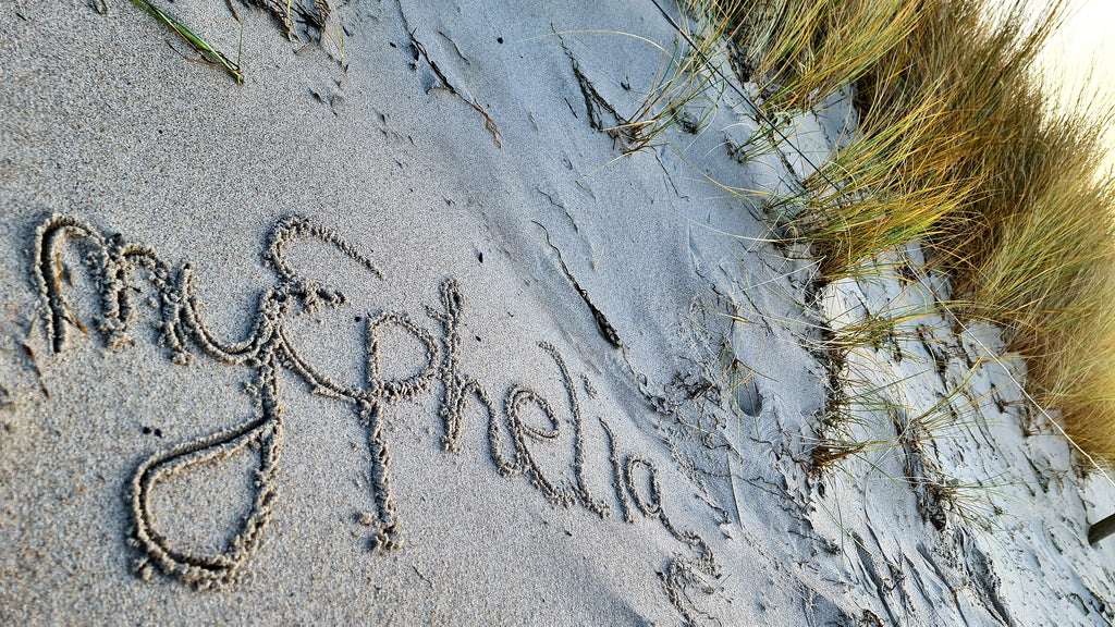 myephelia in Sand geschrieben mit Dünengras im Hintergrund 